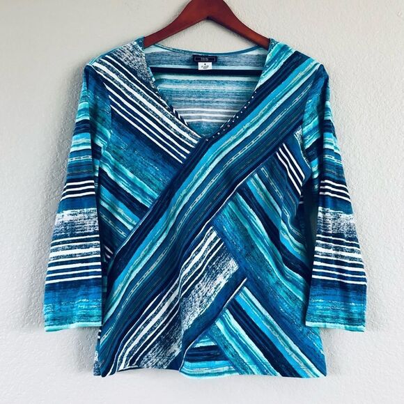 Lark Lane Blue Green Teal Diagonal Stripe Top S - Picture 1 of 4